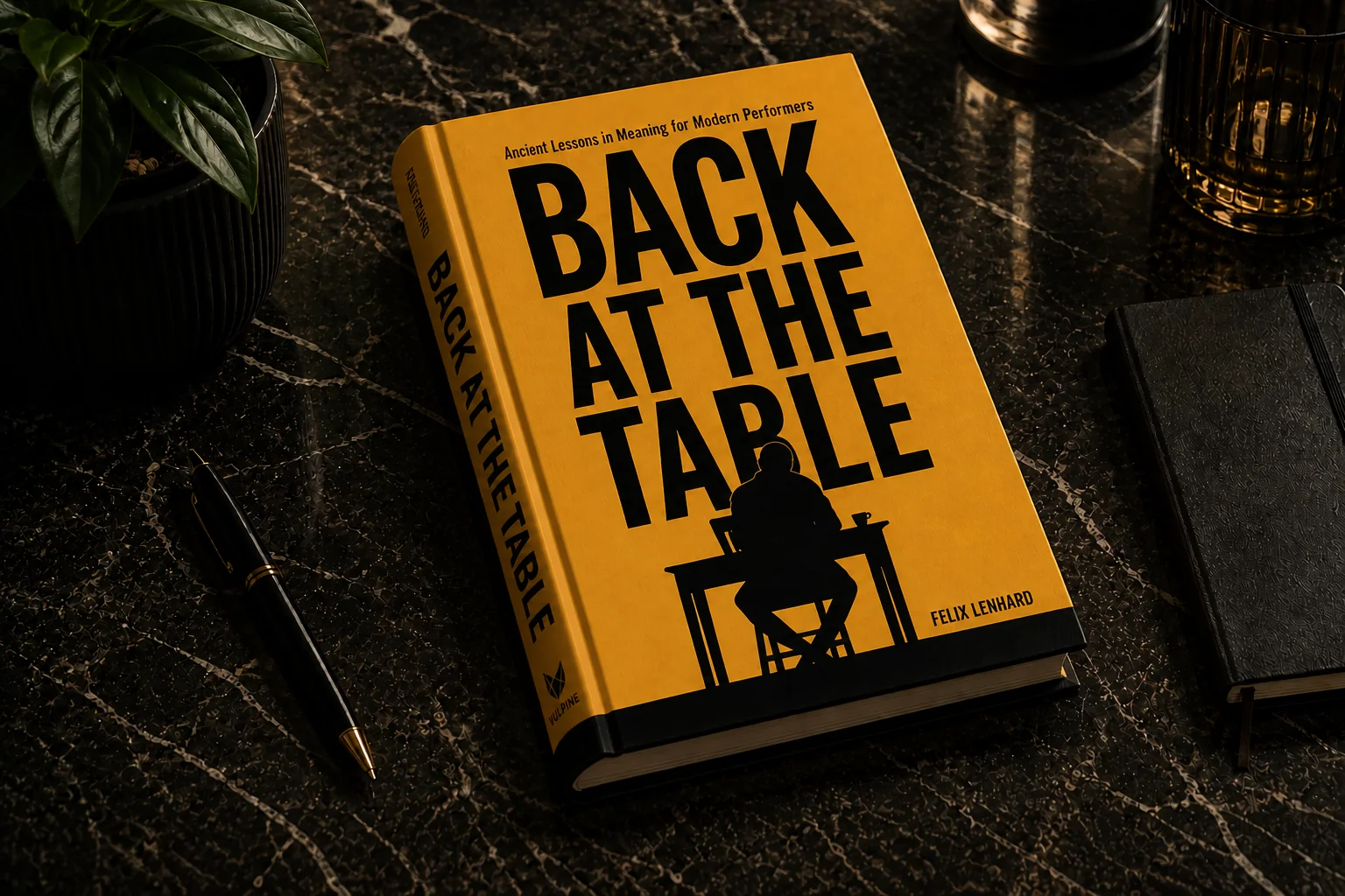 Back at the Table hardcover laid flat on a black marble surface, beside a green plant in a black pot, a black fountain pen with gold trim, and a leather notebook, lit from above