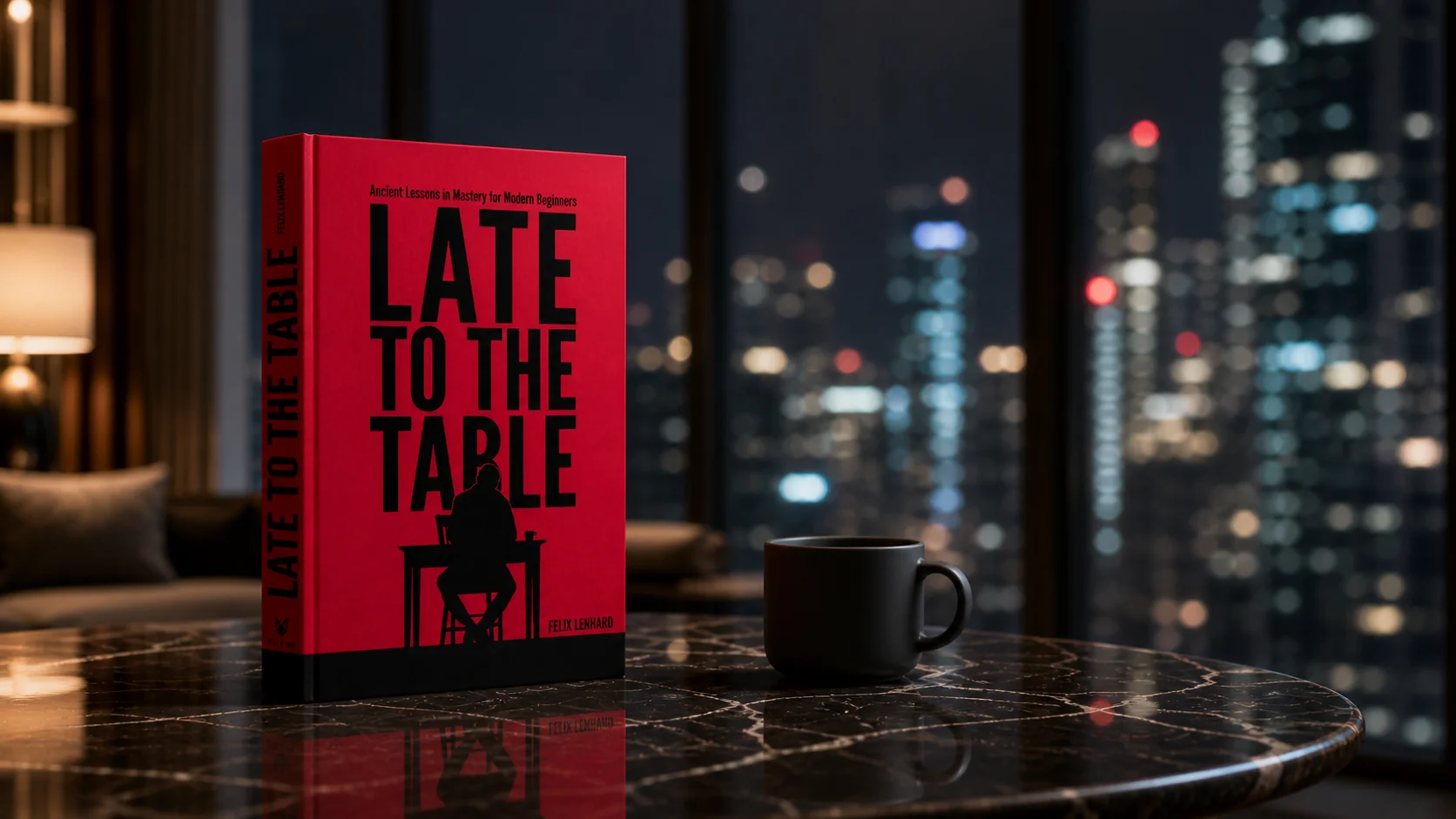 Late to the Table hardcover standing on a polished black marble table beside a matte coffee cup, with a high-rise city skyline at night through floor-to-ceiling windows behind